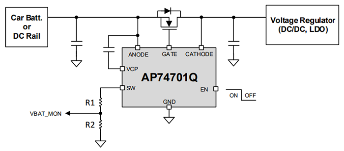 Schéma du circuit d'application - Diodes Incorporated Contrôleur de diode idéal pour l'automobile AP74701Q